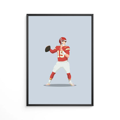 American Football Poster mit einer Illustration Quarterback Patrick Mahomes im Super Bowl 58. Mahomes hat den Ball in der Hand und holt gerade zum finalen Pass aus, der am Ende zum Touchdown durch Hardman führen wird. Die Chiefs gegen am Ende mit 25:22 gegen die 49ers.